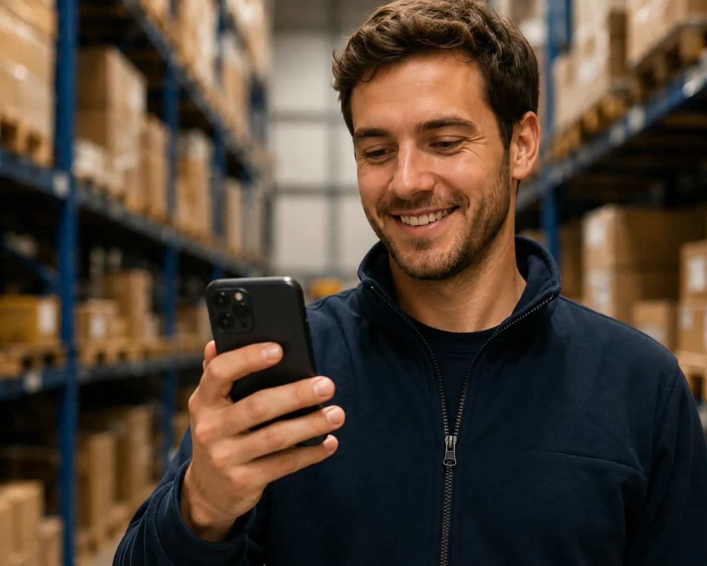 Magazijnmedewerker toont zijn uren- en verlofsaldo in de Atrea-app